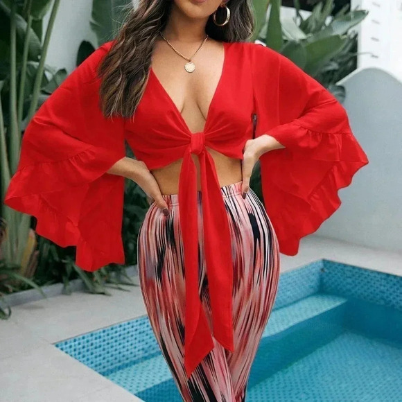 Red Boho Womens Ruffle Trim Flounce Sleeve Knot Front Crop Top - Picture 1 of 5